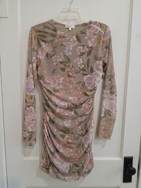 Ruched Long-Sleeve Floral Dress in Dusty Rose & Olive